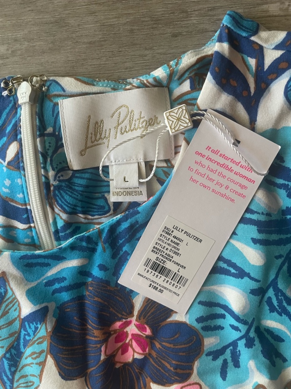 L NWT Lilly Pulitzer Estela Midi Dress in Breezy Aqua Best Fronds Forever - Picture 4 of 7